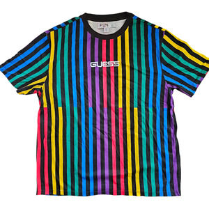 Men's Shirt J. Balvin Guess rainbow striped short sleeve crew neck tee L